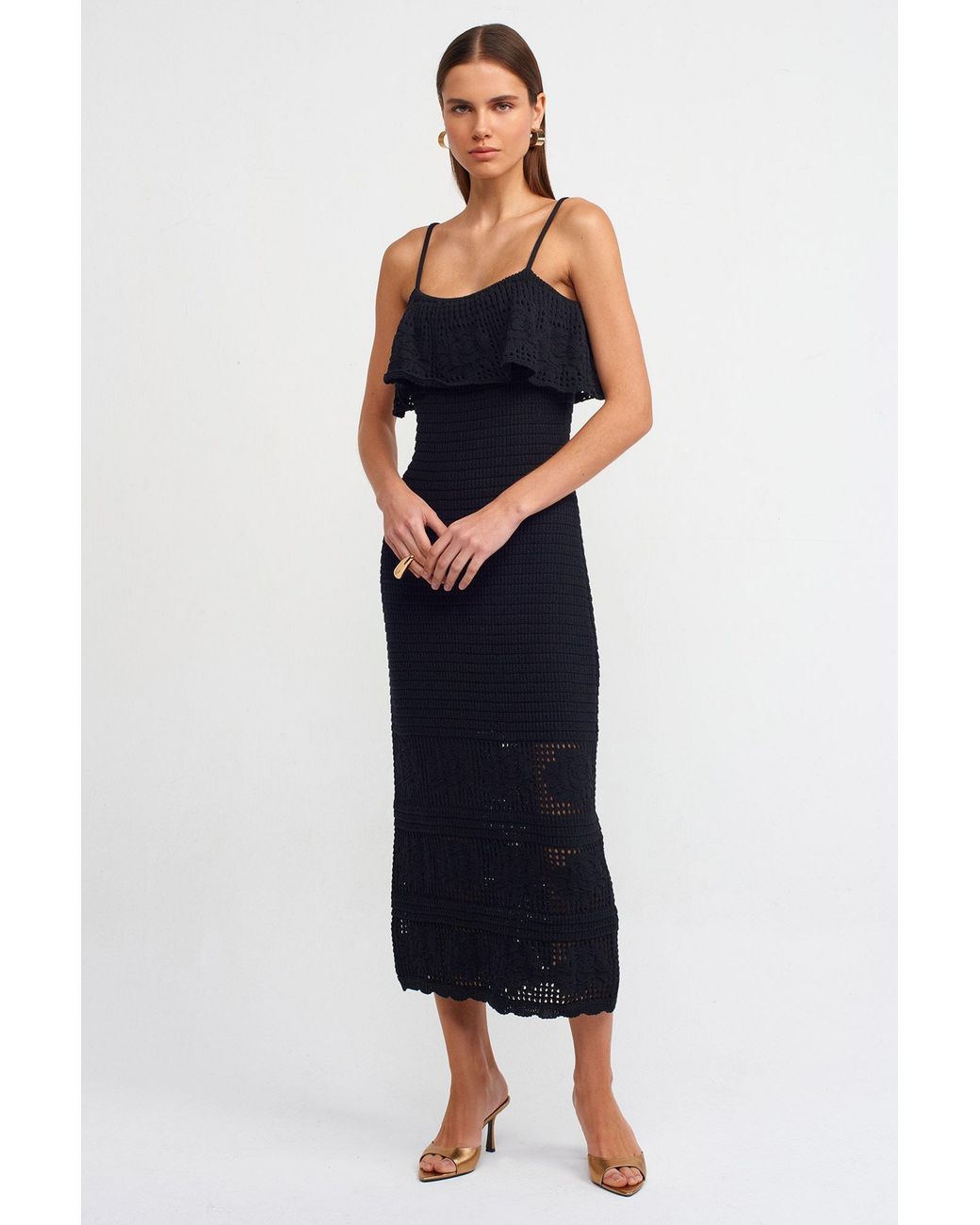 Hiccup Blue Floral Embroidered Spaghetti Strap Crochet Ruffled Long Sleeve Maxi Dress