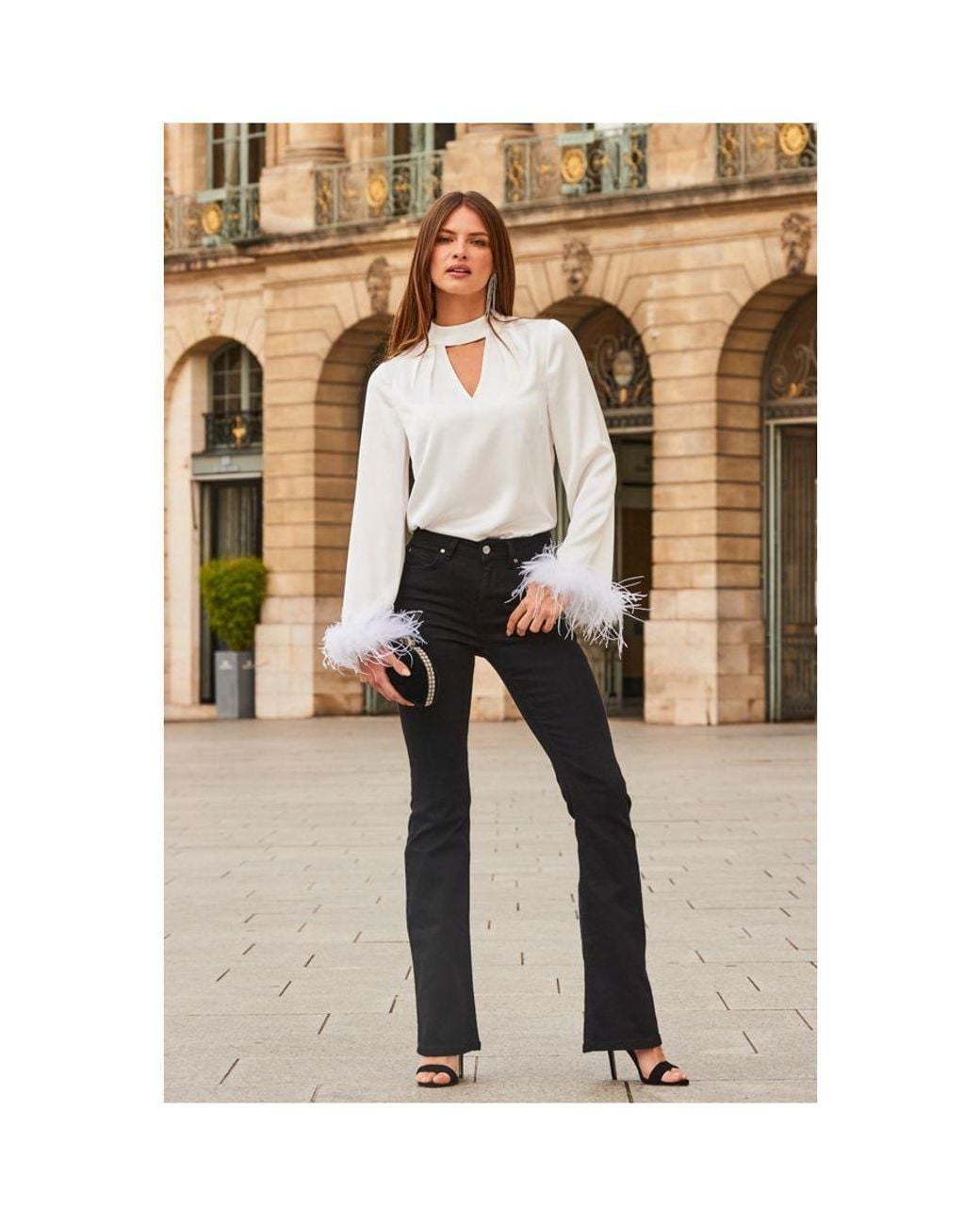 Sosandar White Premium Satin Feather Cuff Top