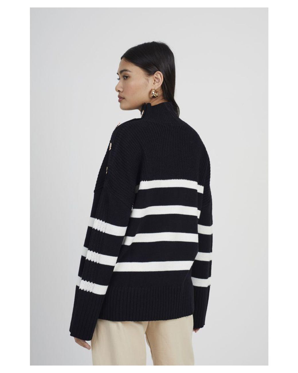 Brave Soul White Striped Turtleneck Jumper With Button Detail