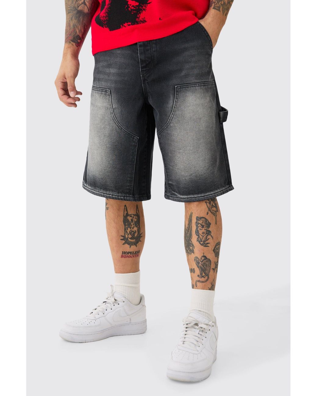 BoohooMAN Gray Carpenter Denim Jorts for men
