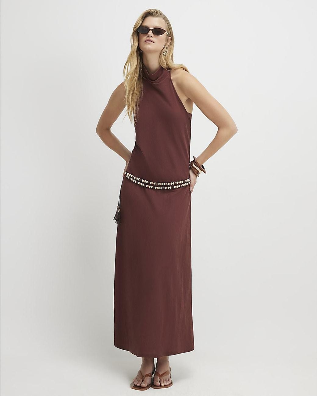 River Island Brown Midi Dress Sleeveless Halter Neck Viscose