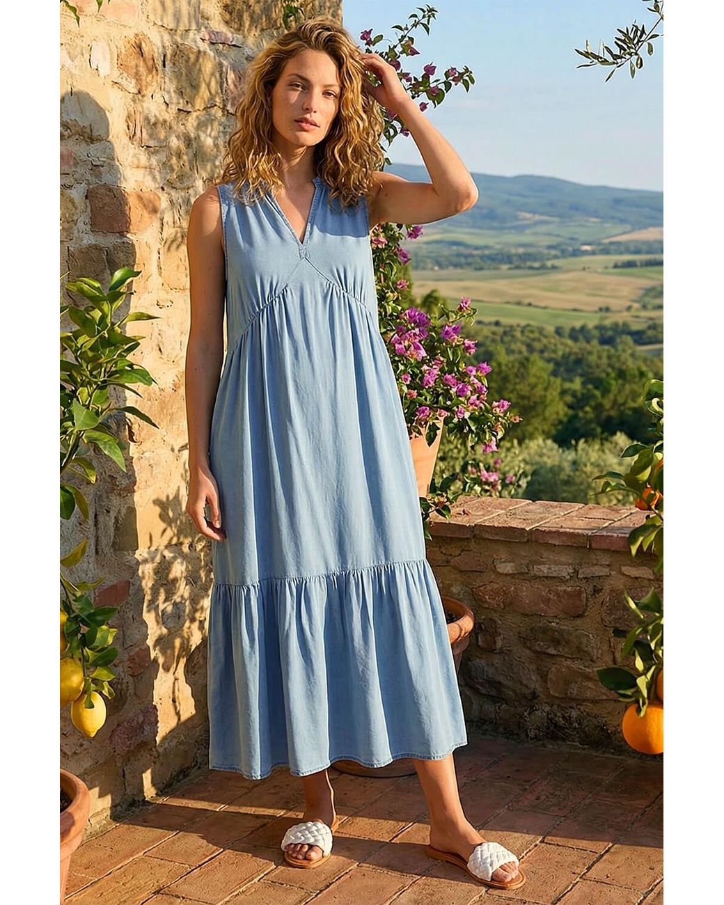 Roman Blue Tiered V-Neck Midi Dress