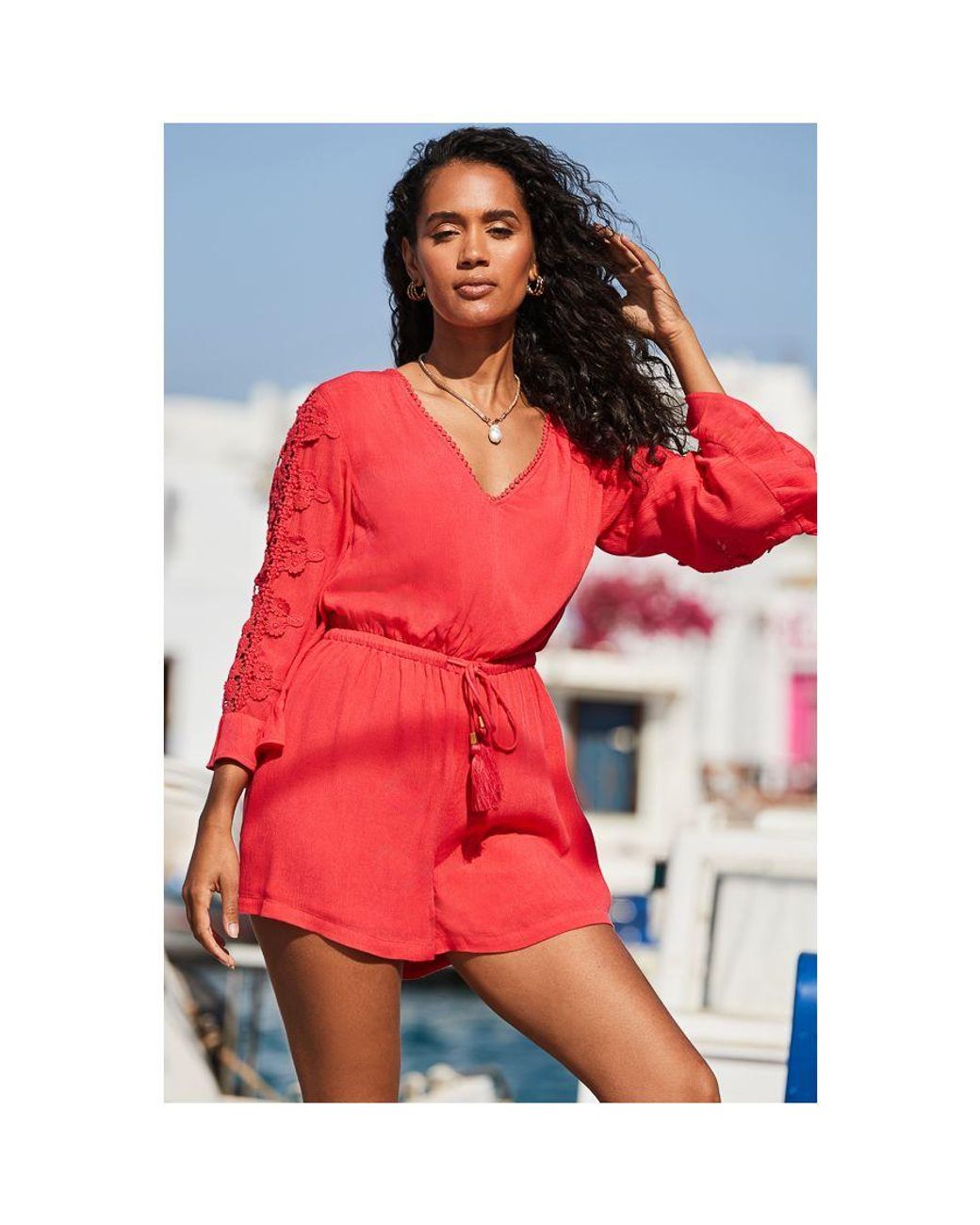 Sosandar Orange Coral Crochet Sleeve Tassel Detail Playsuit