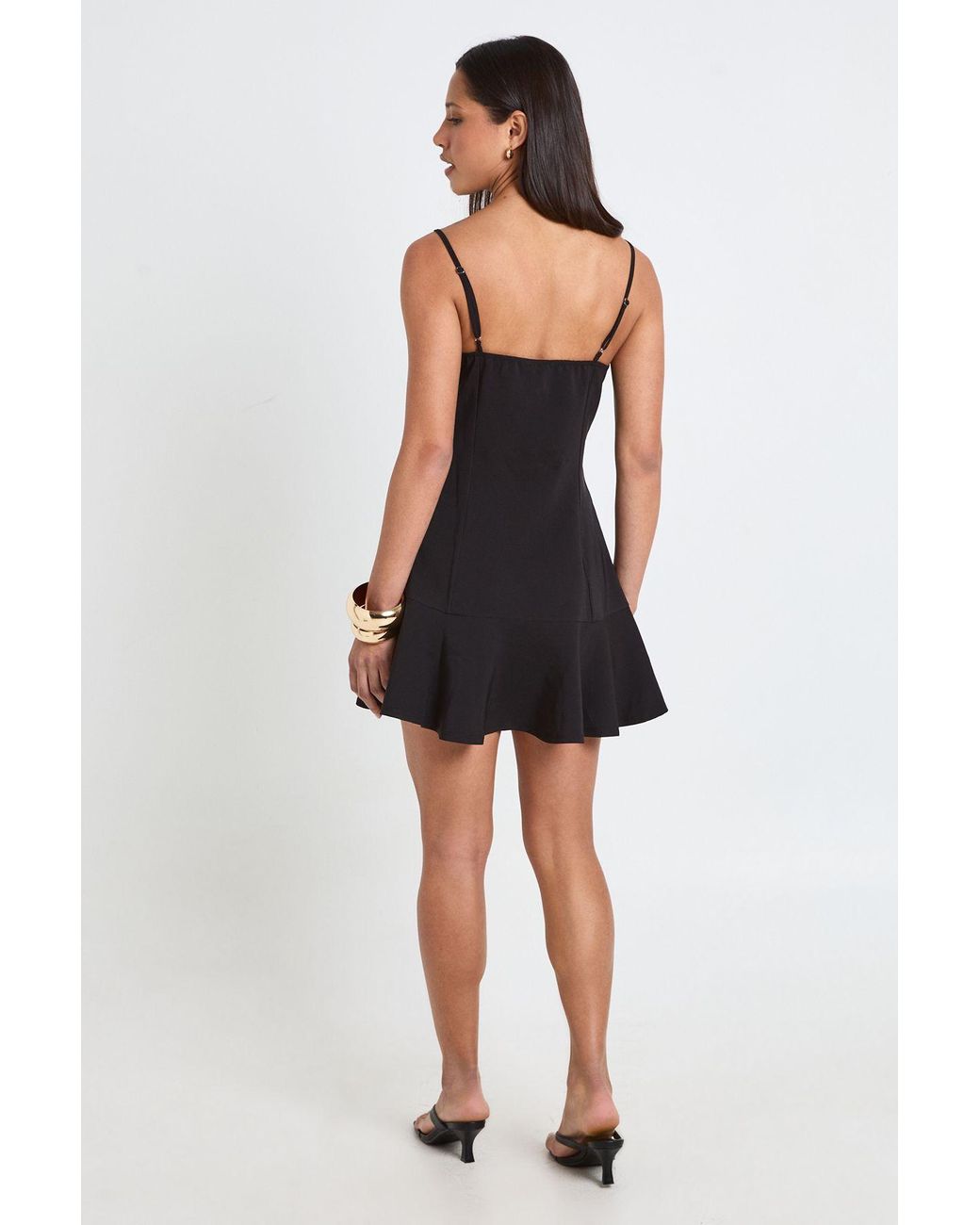Boohoo Black Stretch Crepe Cami Bust Cup Frill Hem Mini Dress