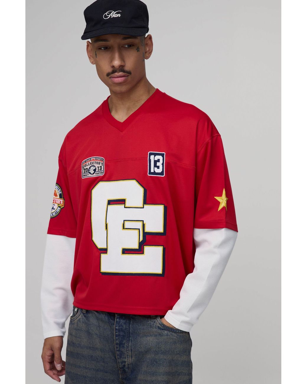 BoohooMAN Red Oversized Boxy Mesh Faux Layer Applique Hockey Top for men