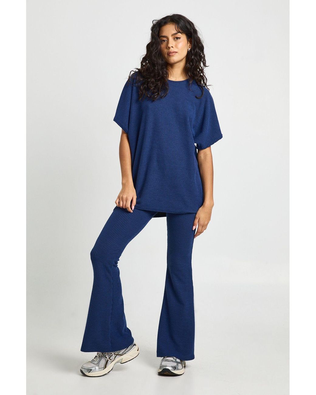 Boohoo Blue Two Tone Rib Flared Legging & Top Co Ord