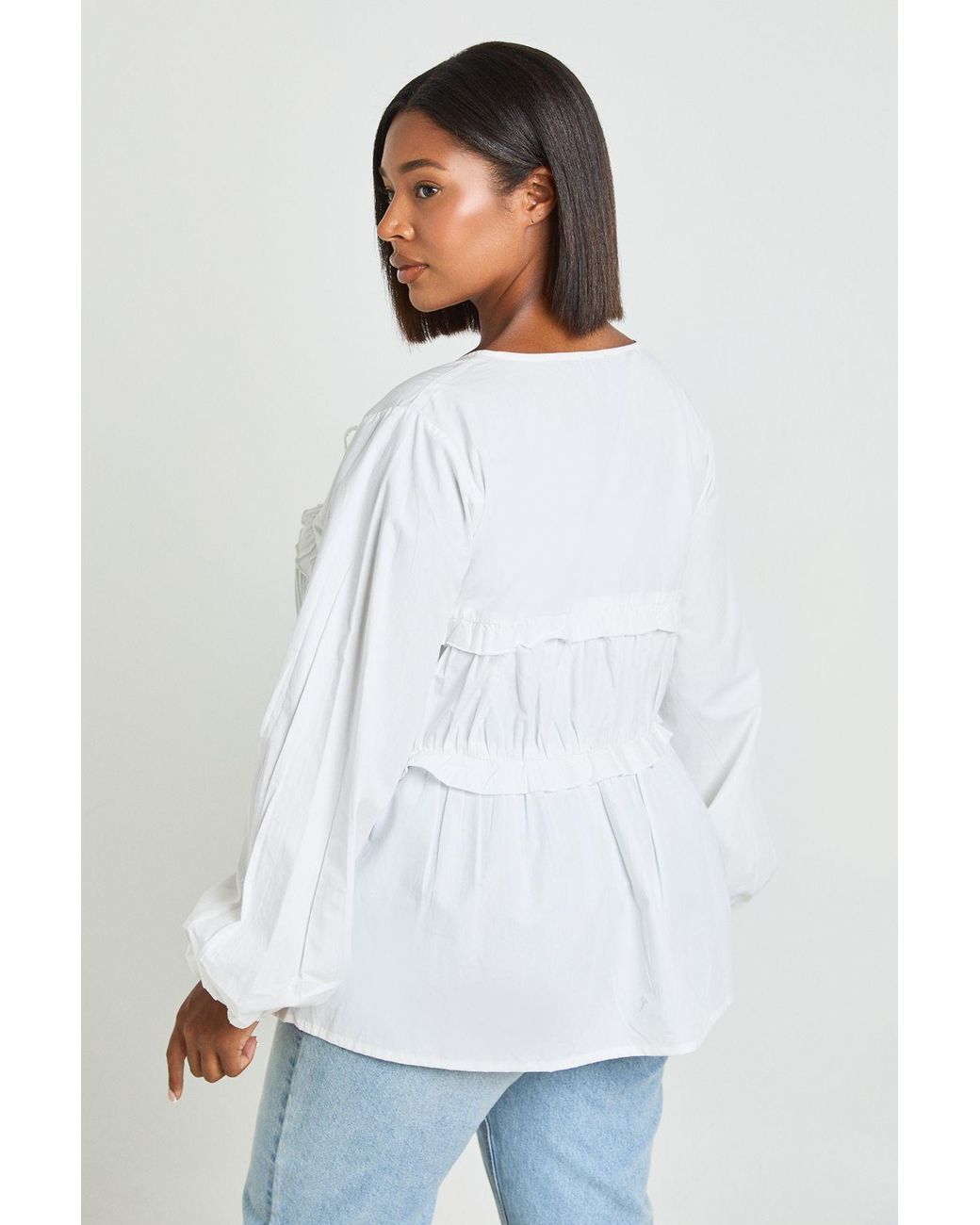 Boohoo White Plus Ruched Tie Front Detail Smock Top