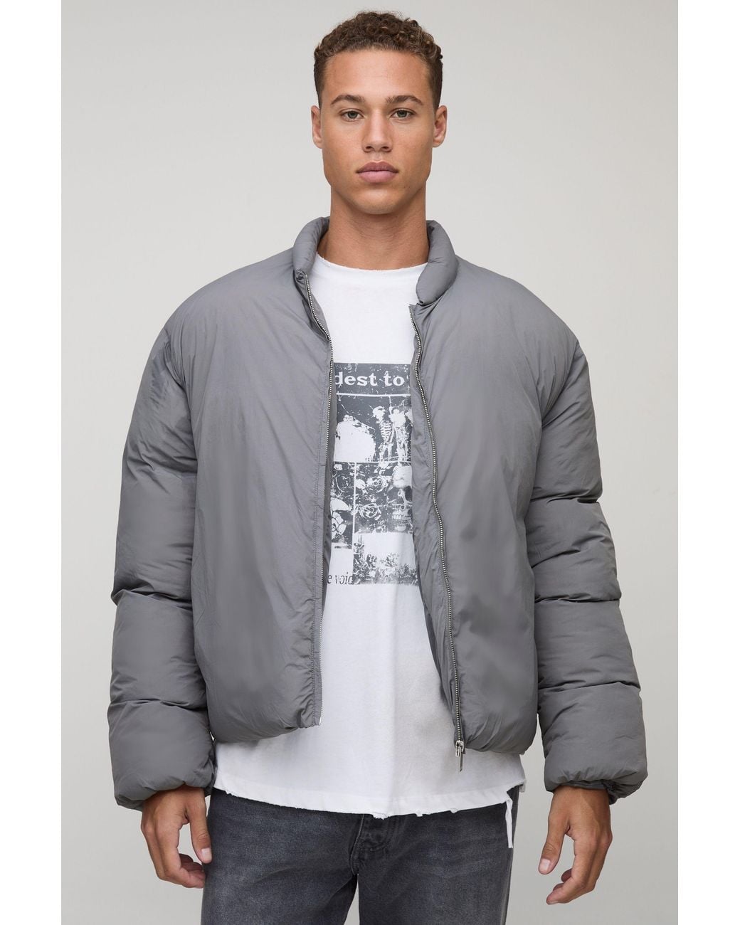 BoohooMAN Gray Tall Mono Padded Oversized Bomber Jacket for men