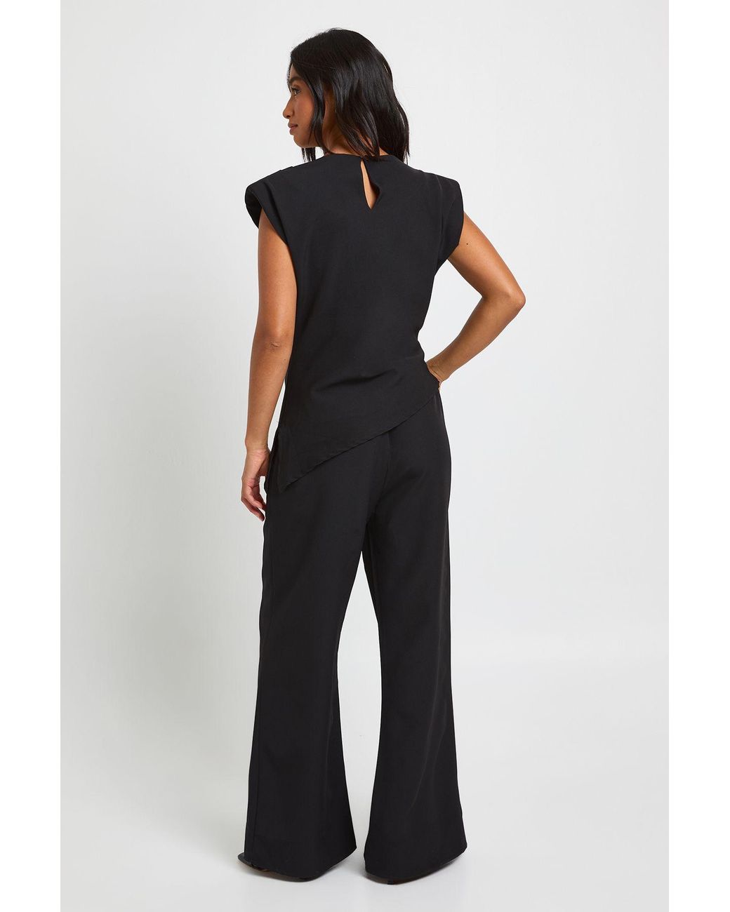 Boohoo Blue Petite Asymmetric Shoulder Pad Top & Straight Leg Trouser Co-Ord