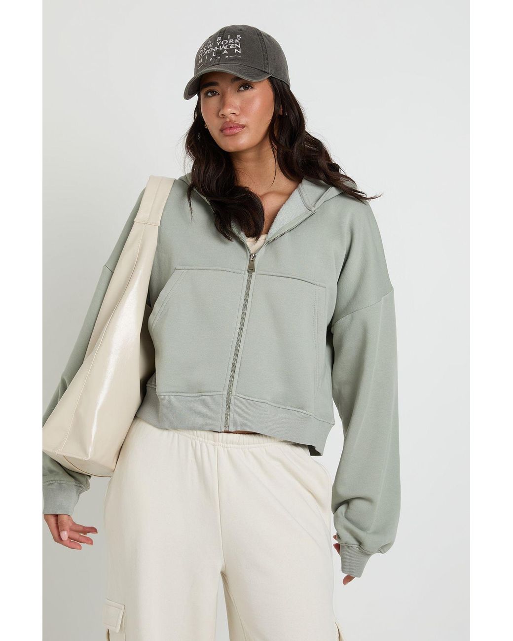 Boohoo Gray Washed Boxy Balloon Sleeve Oversized Zip Through Hoodie