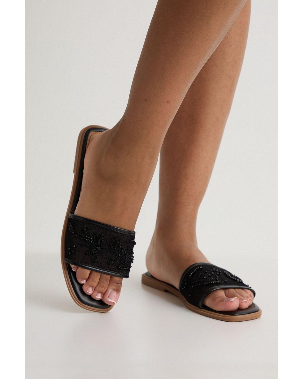Boohoo Brown Mesh Beaded Strap Sliders