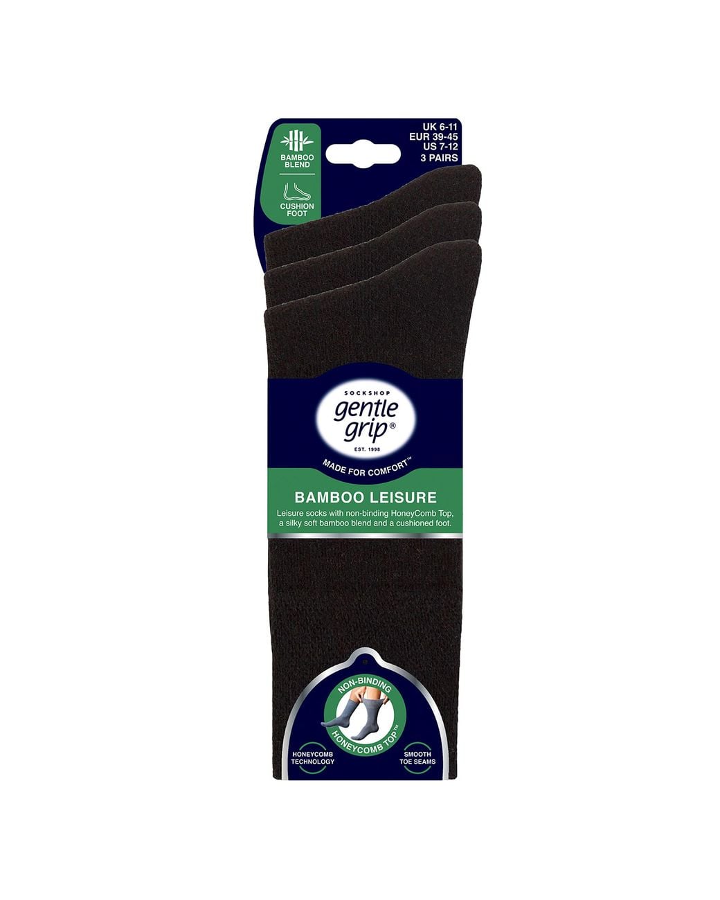 Gentle Grip Black 3 Pack Bamboo Socks Soft Breathable Cushioned Crew for men