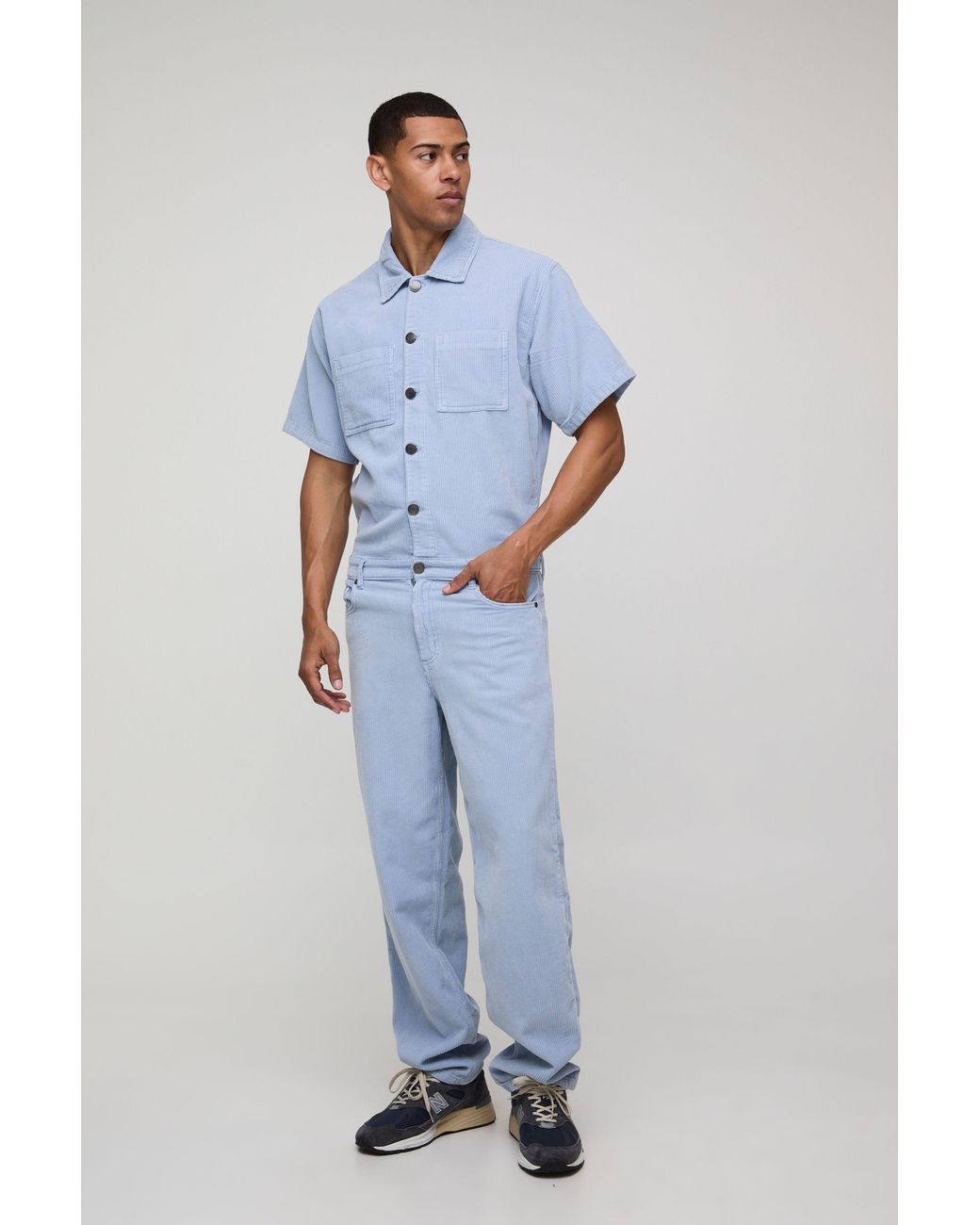 BoohooMAN Blue Relaxed Acid Wash Corduroy Boilersuit for men