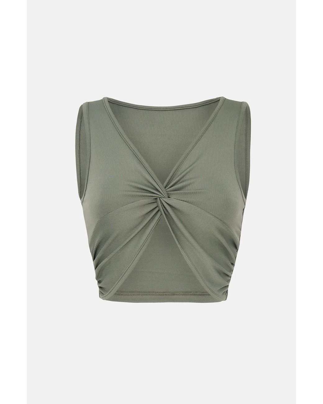 Hiccup Green Solid Rib Twist Front Crop Top