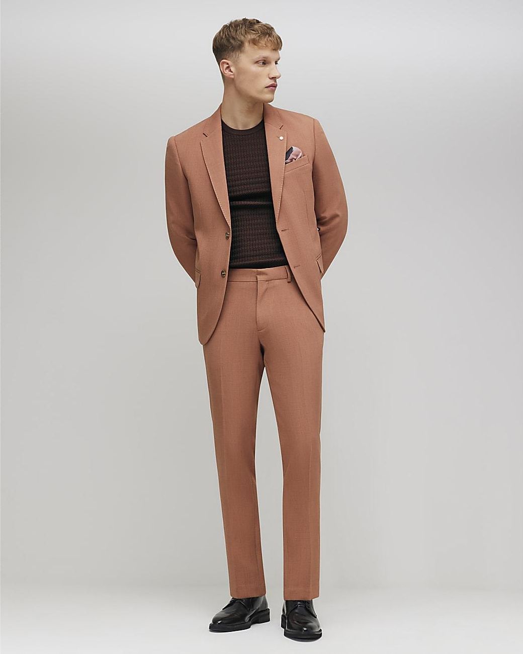 River Island Brown Suit Trousers Skinny Fit Stretch for men