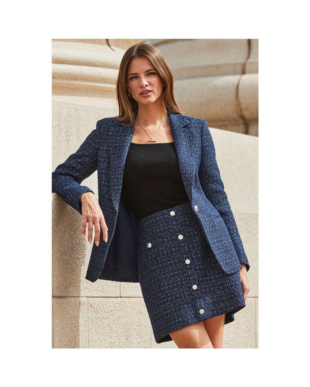 Sosandar Blue Metallic Boucle Button Front A-Line Skirt
