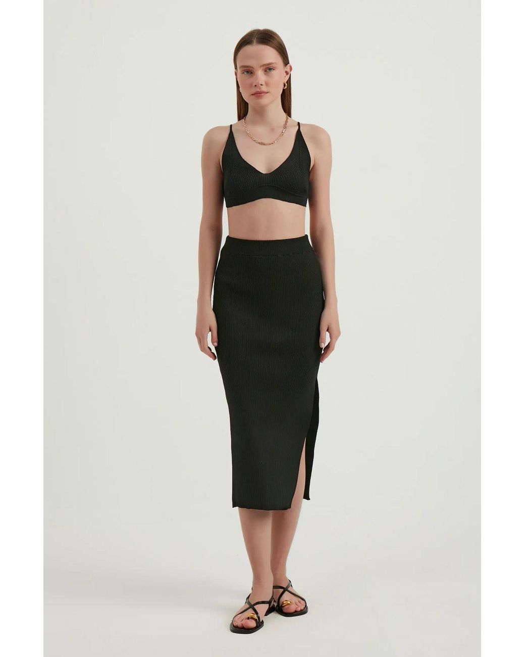 Hiccup Black 2 Pieces: V Neck Bodycon Crop Top & High Waist Maxi With A Side Slit