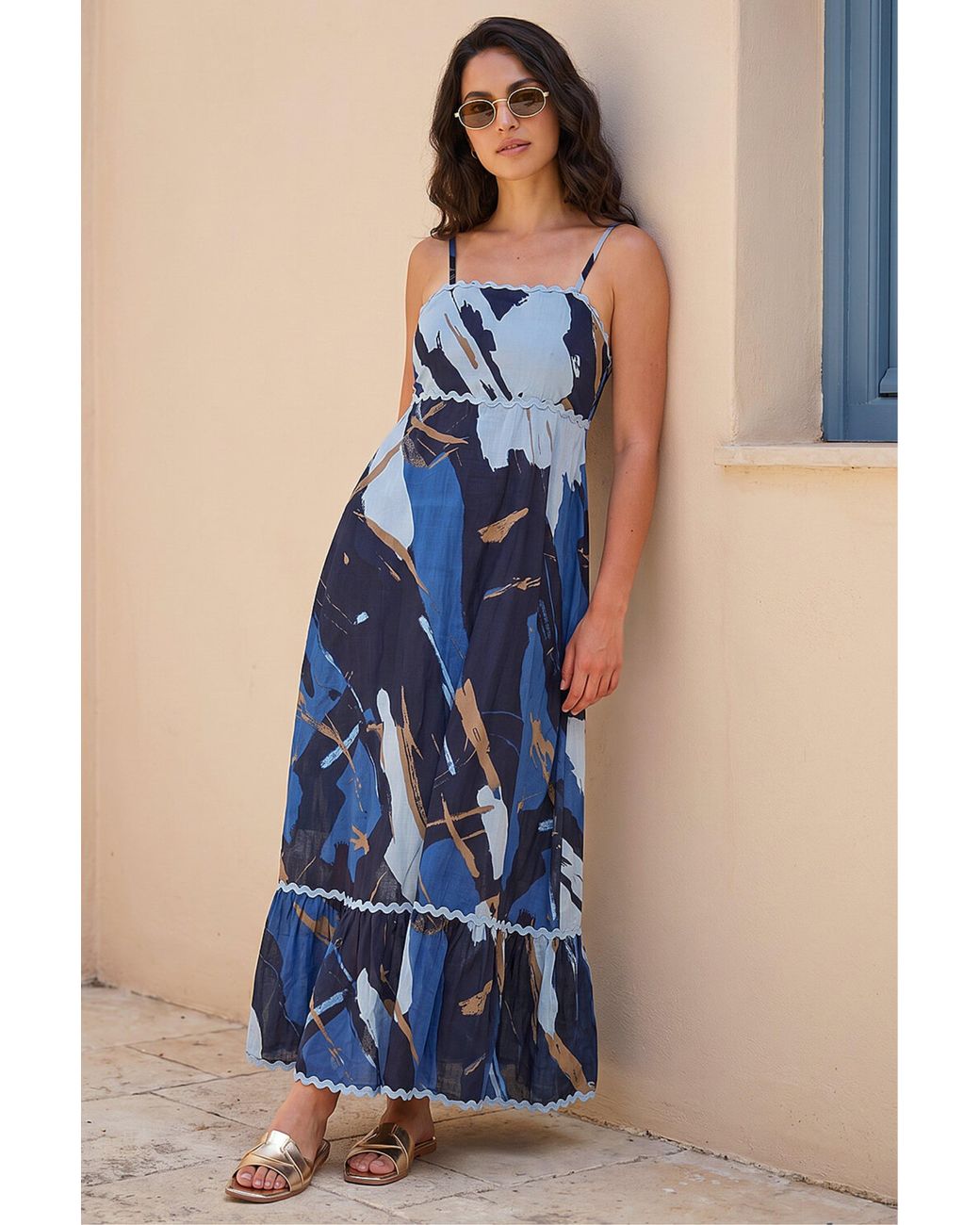 D.u.s.k Blue Abstract Ric Rac Maxi Dress