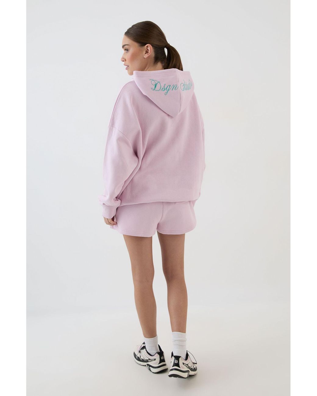 DSGN Studio Pink Script Embroidered Hooded Short Tracksuit