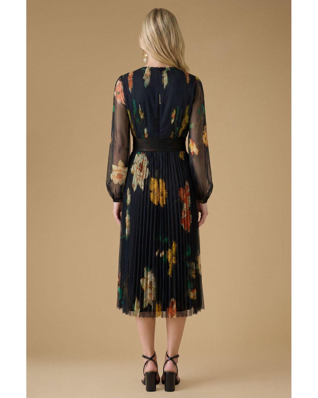 Oasis Natural V Neck Button Detail Floral Mesh Midi Dress