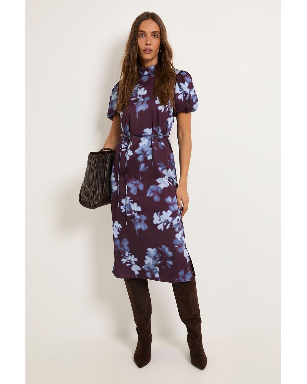 Wallis Brown Floral Satin Midi Dress