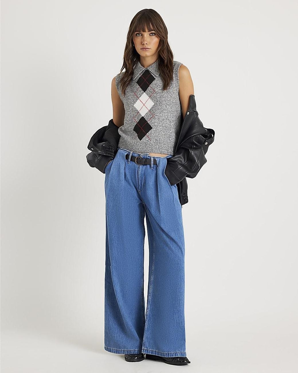 River Island Blue Wide Leg Jeans Belted Pleated Cotton