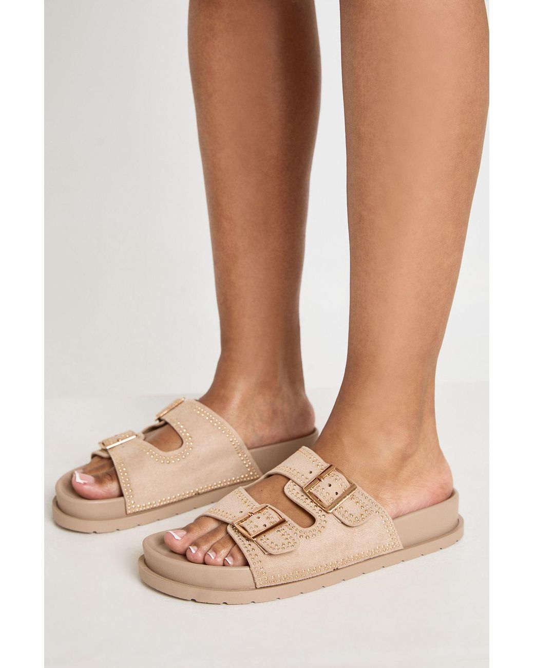 Boohoo Gray Faux Suede Stud Detail Double Buckle Sliders