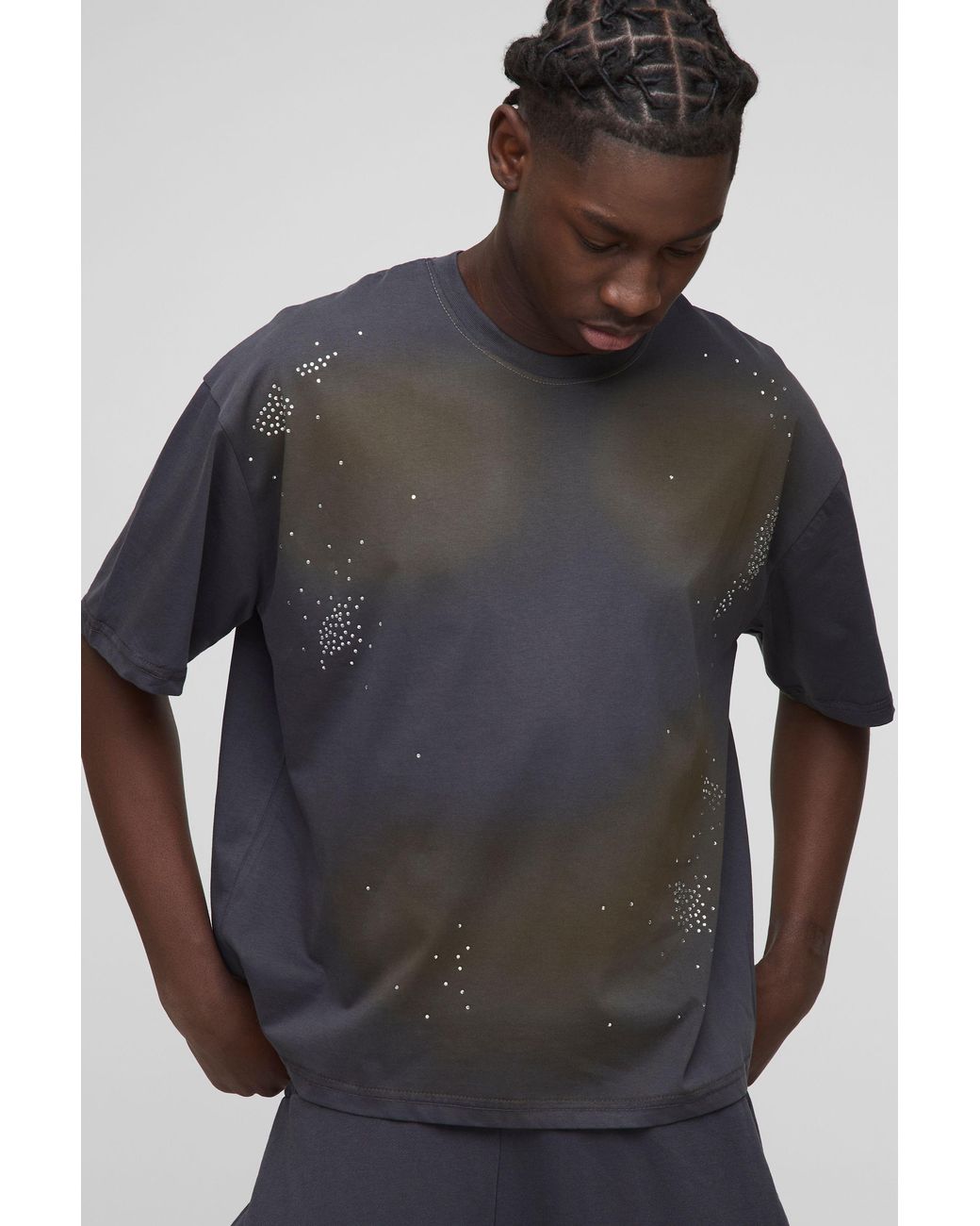 BoohooMAN Gray Oversized Boxy Washed Rhinestone T-Shirt for men