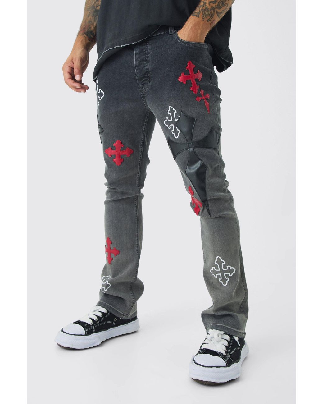 BoohooMAN Black Skinny Stretch Flare Cross Applique Jeans for men