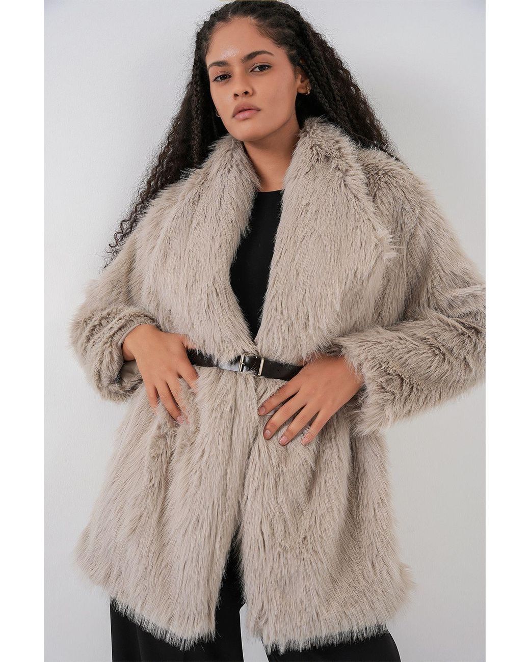 Bigdart Natural Long Oversized Faux Fur Coat With Belt