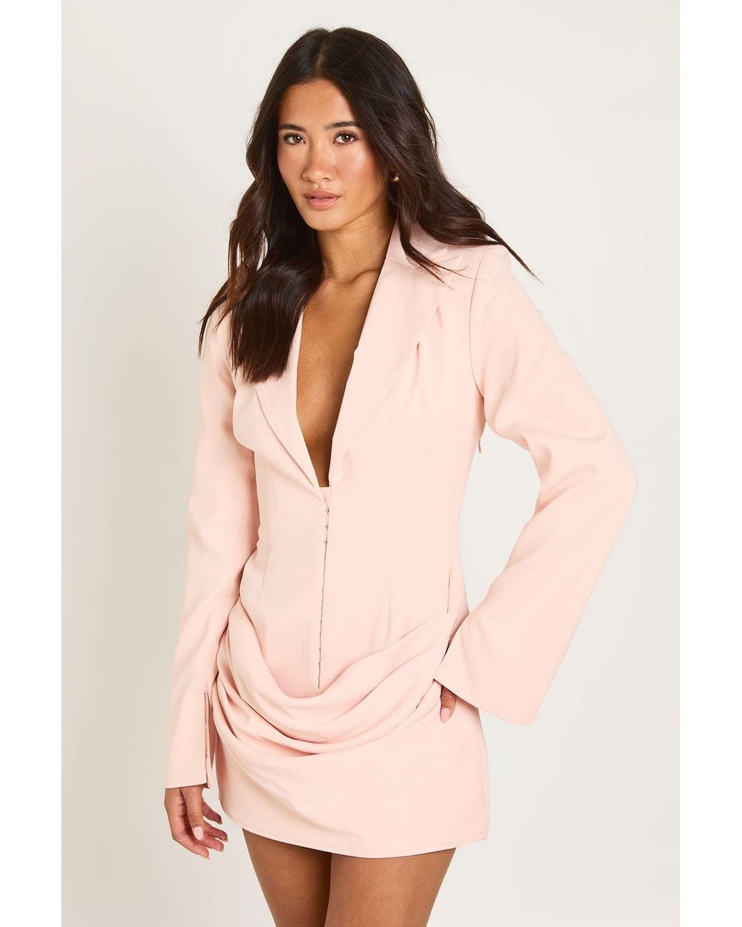 Boohoo Pink Tailored Structured Shoulder Pad Hook And Eye Blazer Dress