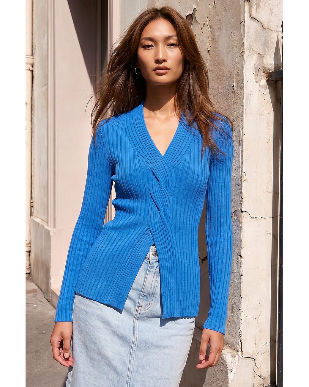 Roman Blue Cable Split Detail Rib Jumper