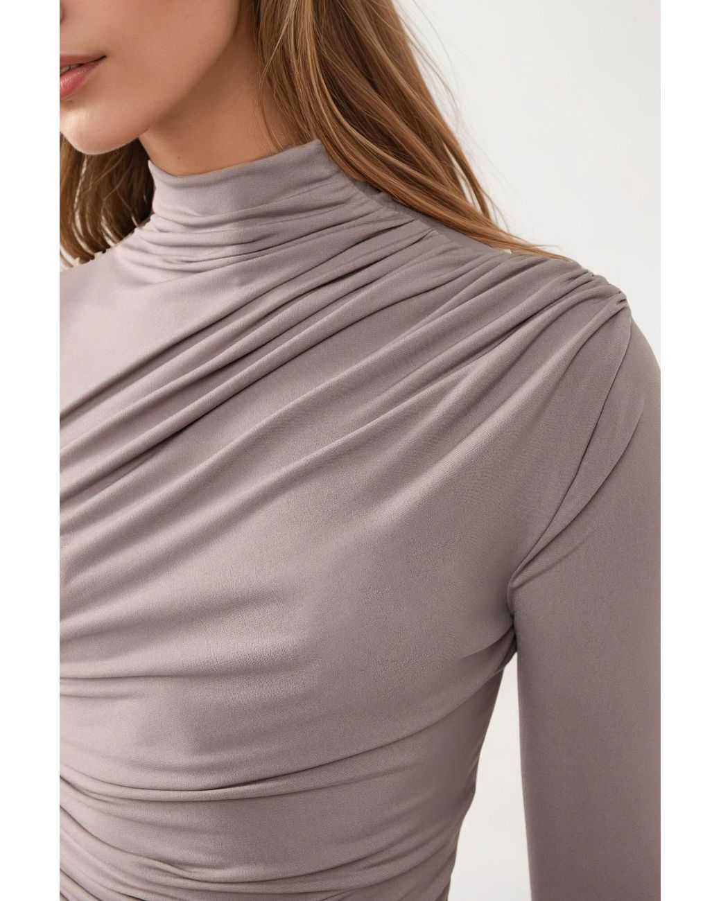 Hiccup Brown High Collar Drape Detail Blouse