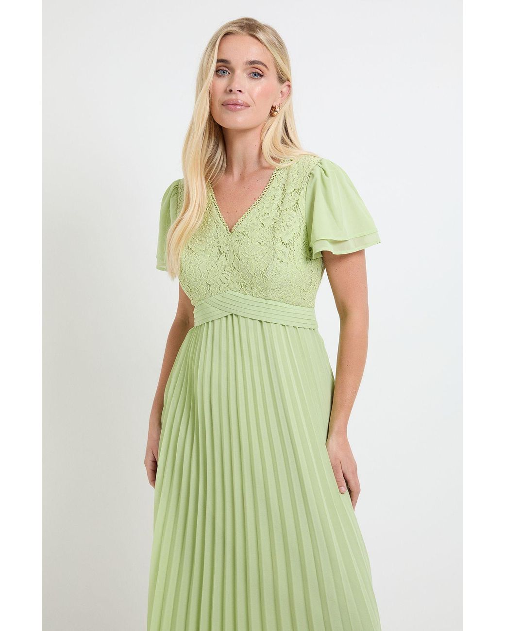 Wallis Green Petite Lace Pleat Detail Midi Dress