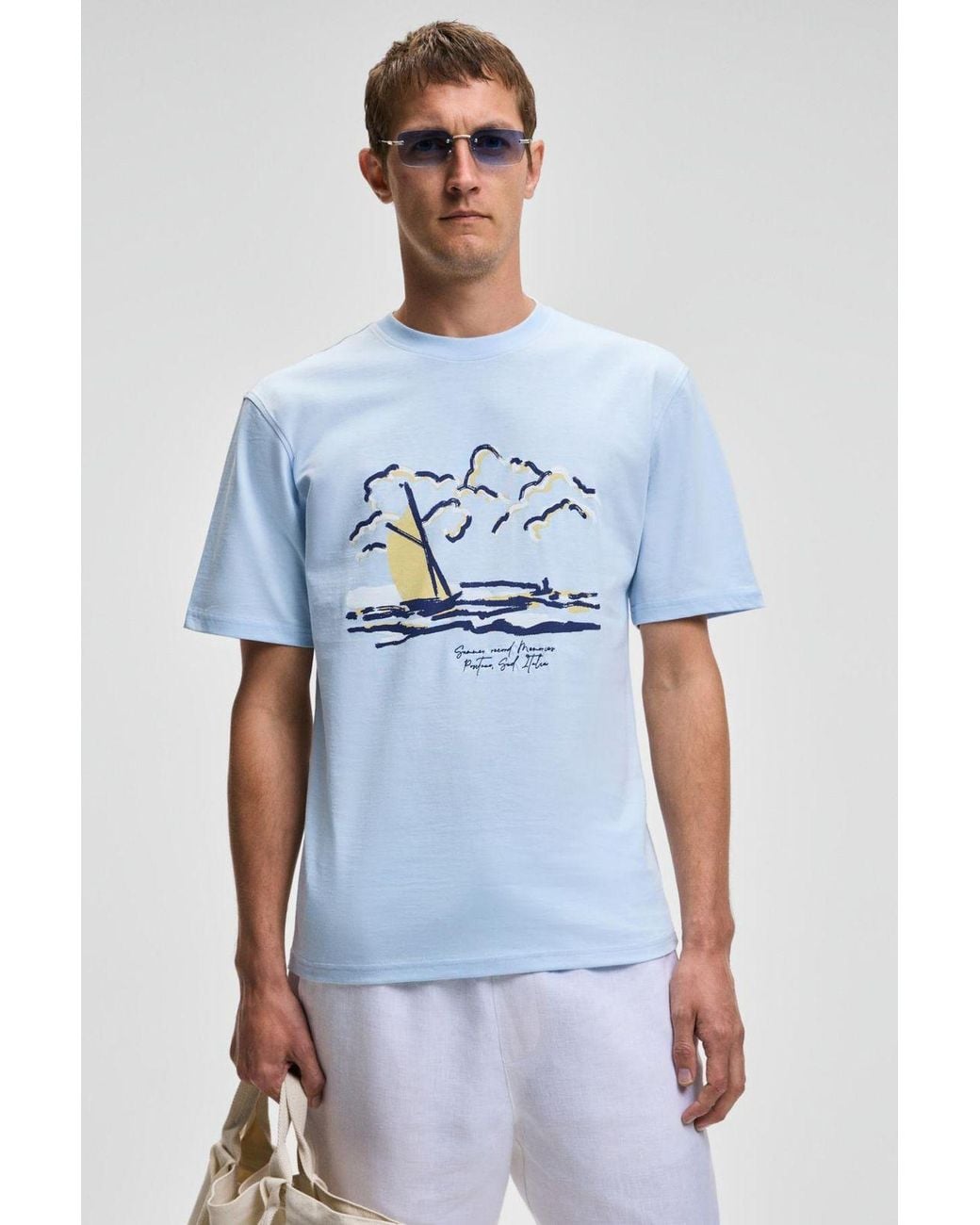Grimelange Blue Printed Crew Neck T-Shirt for men