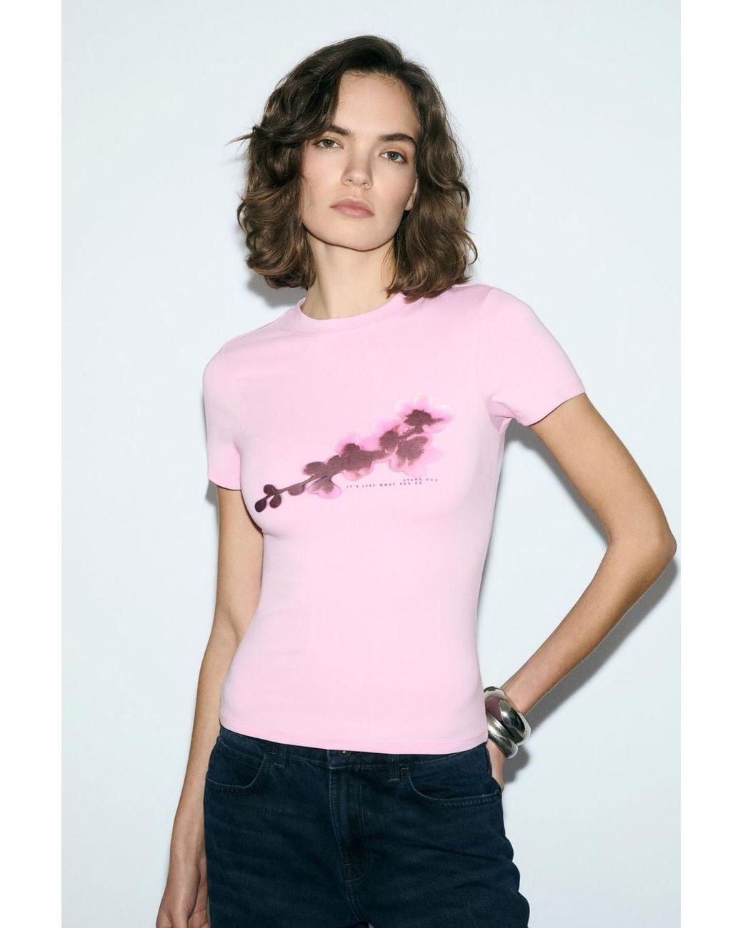 Grimelange Pink Printed Slim Fit Crew Neck T-Shirt