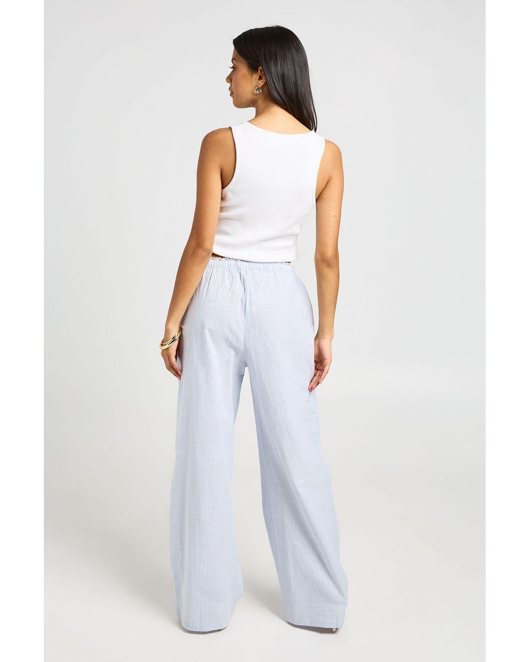 Boohoo Blue Cotton Poplin Striped Lace Trim Wide Leg Trousers