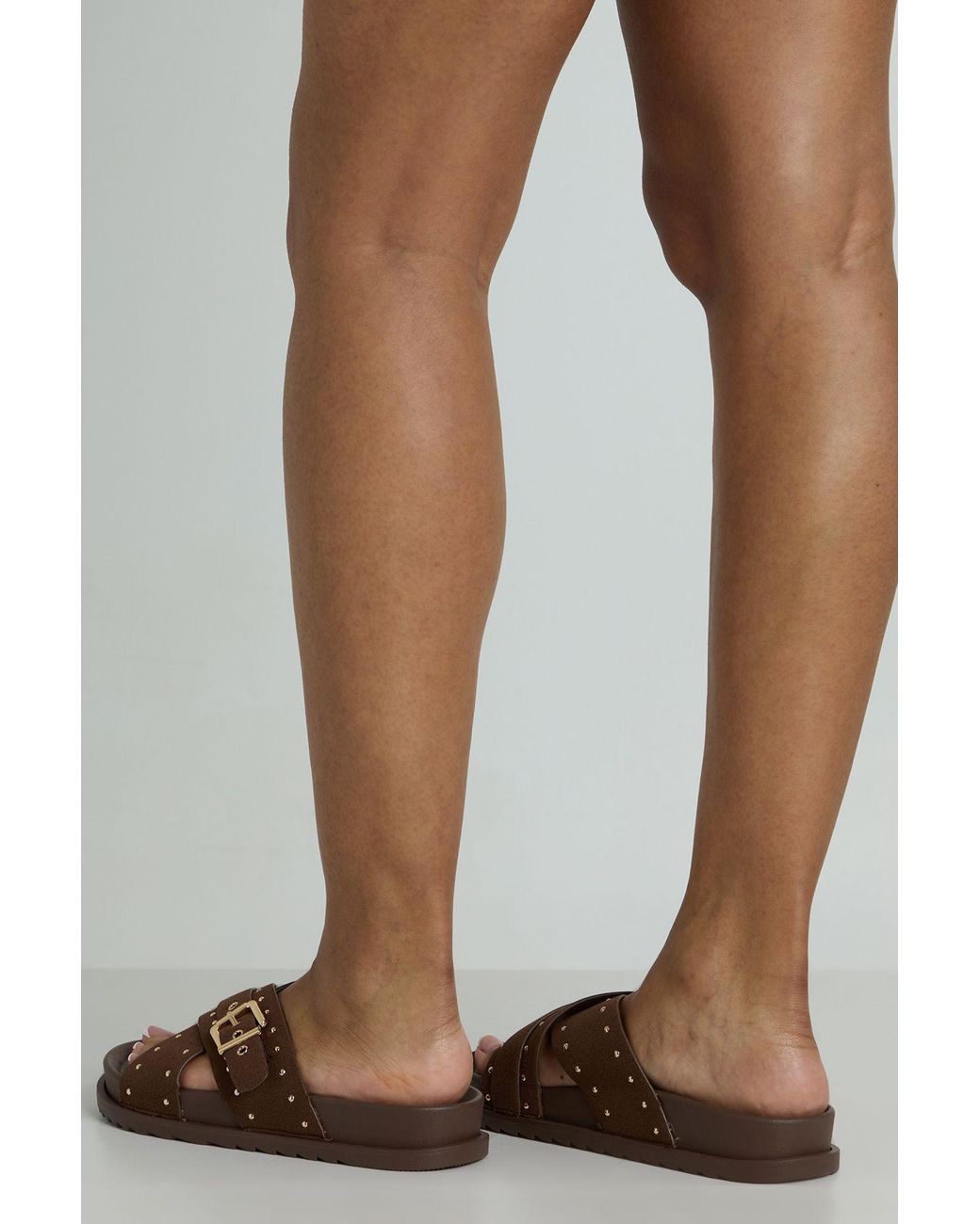 Boohoo Brown Faux Suede Stud Detail Cross Over Footbed Sliders