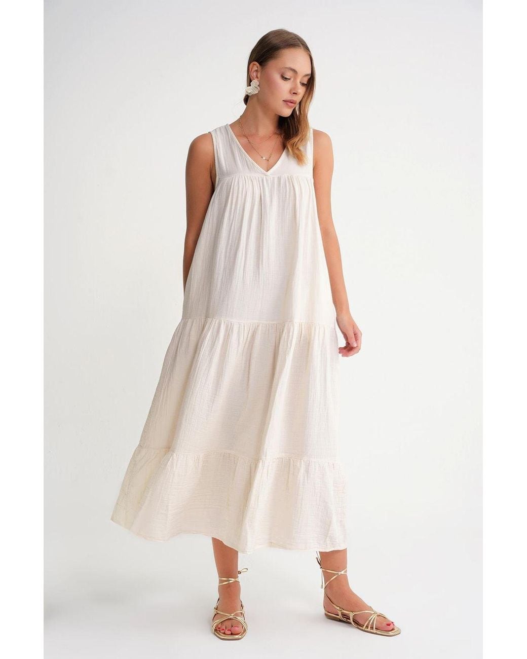 MixRay Natural Sleeveless V-Neck Muslin Midi Dress With Pockets