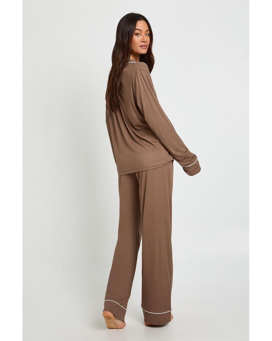 Boohoo Brown Tall Soft Rib Long Sleeve Shirt & Trouser Pj Set