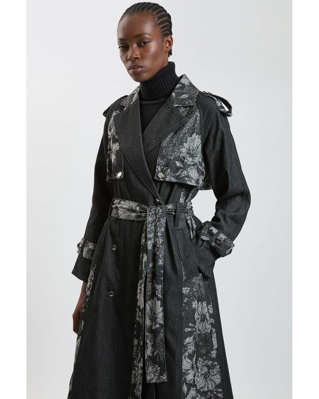 Karen Millen Black Jacquard Denim Trench Coat
