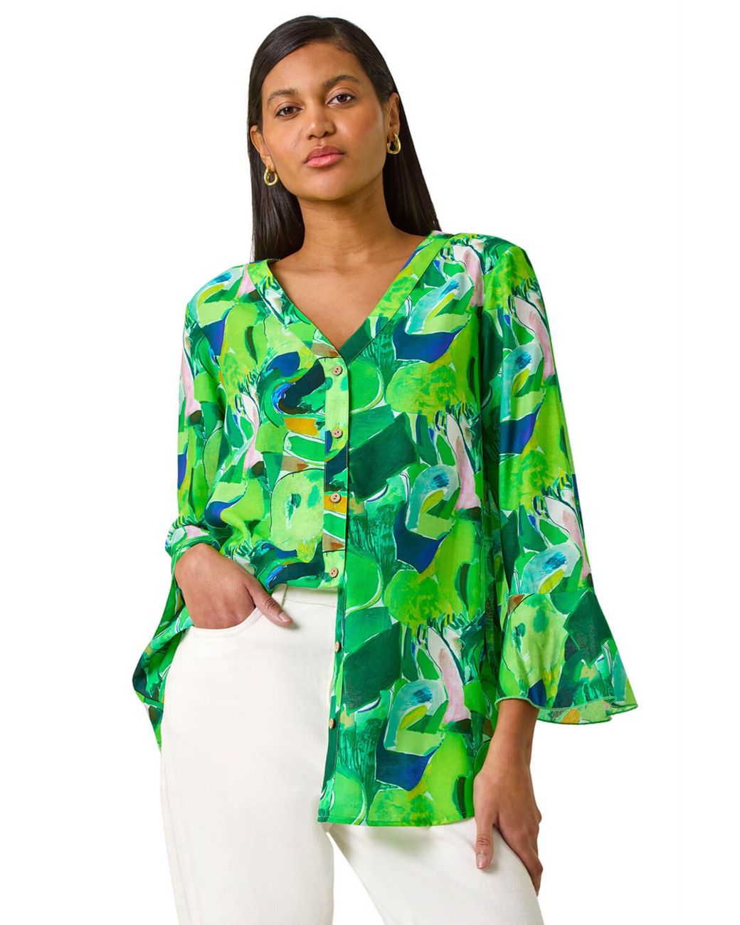 Roman Green Abstract Print Flared Blouse