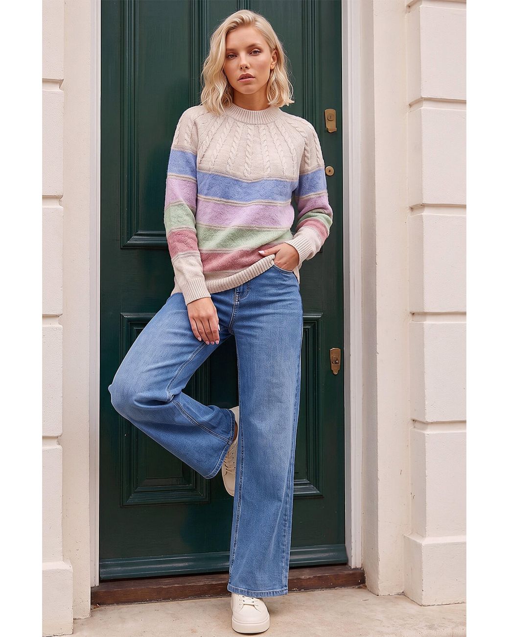 Roman Gray Petite Stripe Cable Knit Jumper