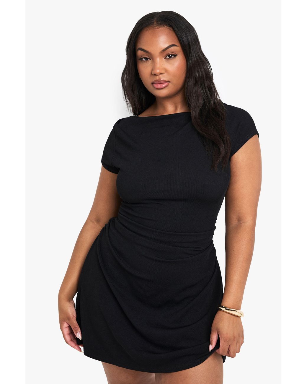 Boohoo Black Plus Rib Cap Sleeve Ruched Mini Dress
