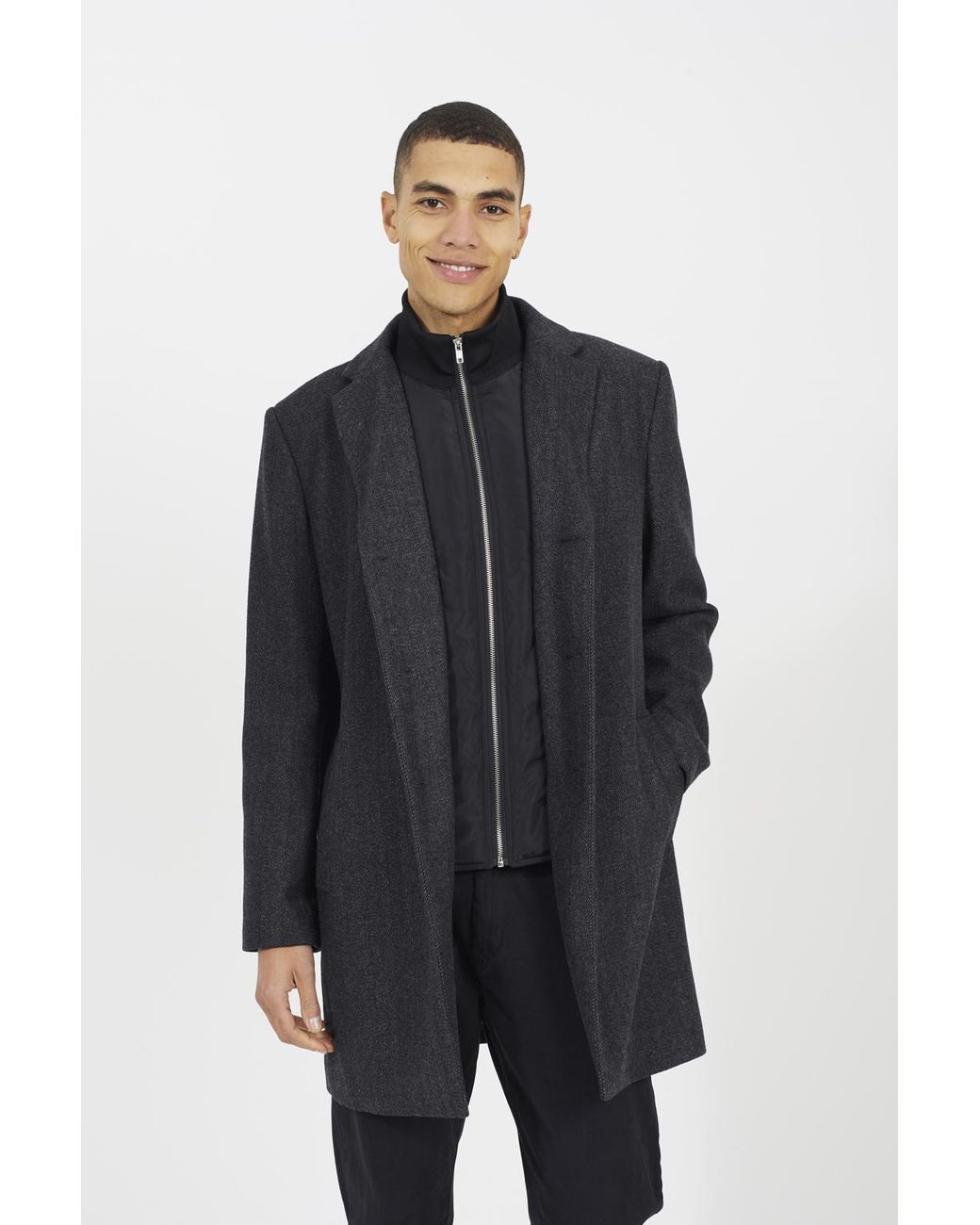 Brave Soul Blue Herringbone Single Breasted Double Layer Overcoat for men