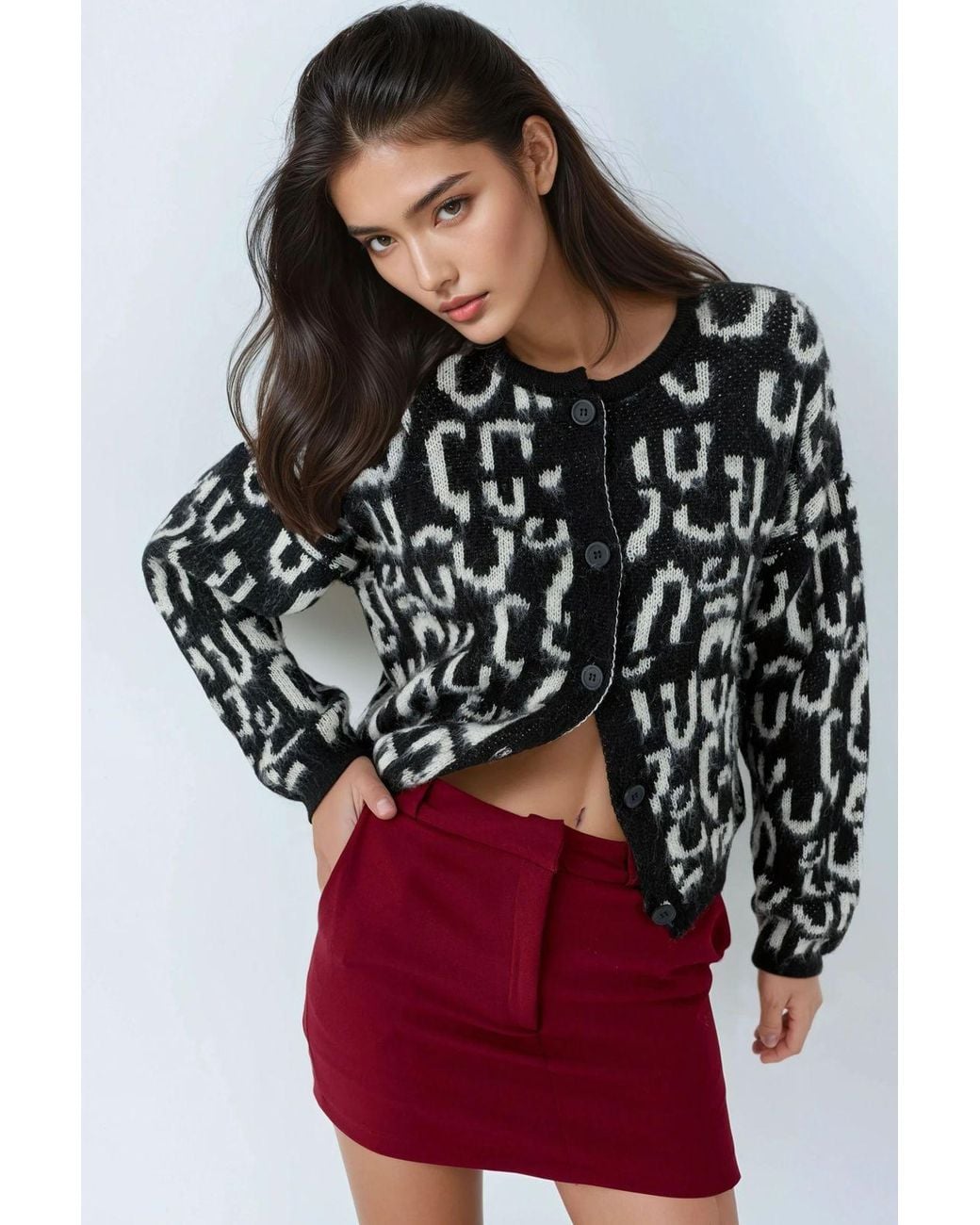 My Fashion Red Jacquard Long Sleeve Buttoned Cardigan