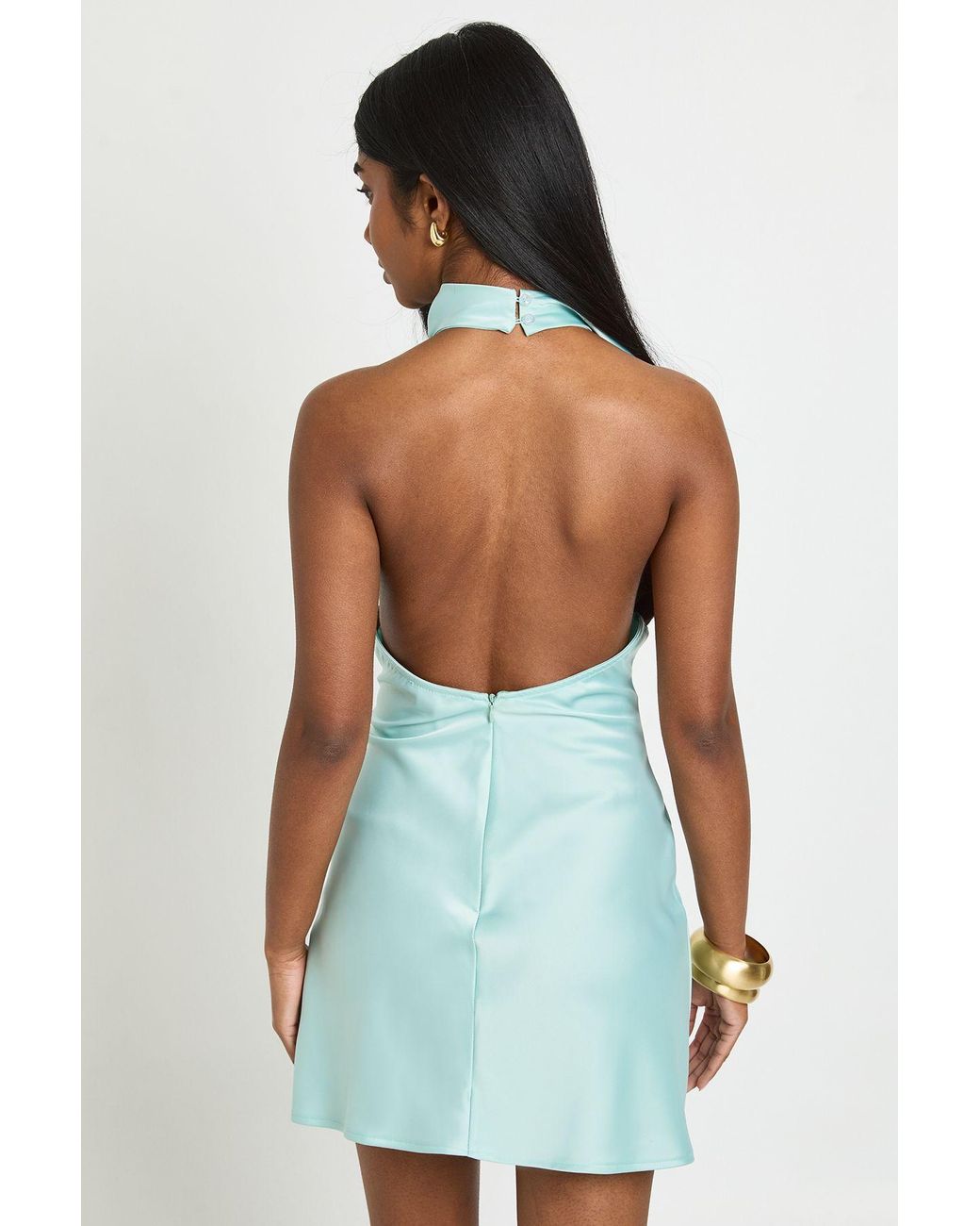 Boohoo Blue Textured Satin Ruched Bust Halterneck Mini Dress