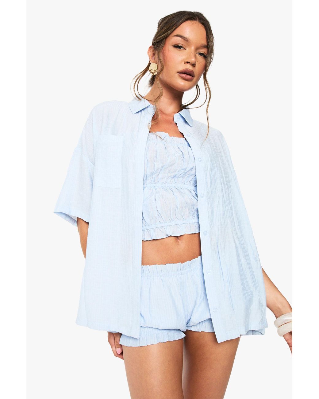 Boohoo White Textured Stripe Short Sleeve Shirt