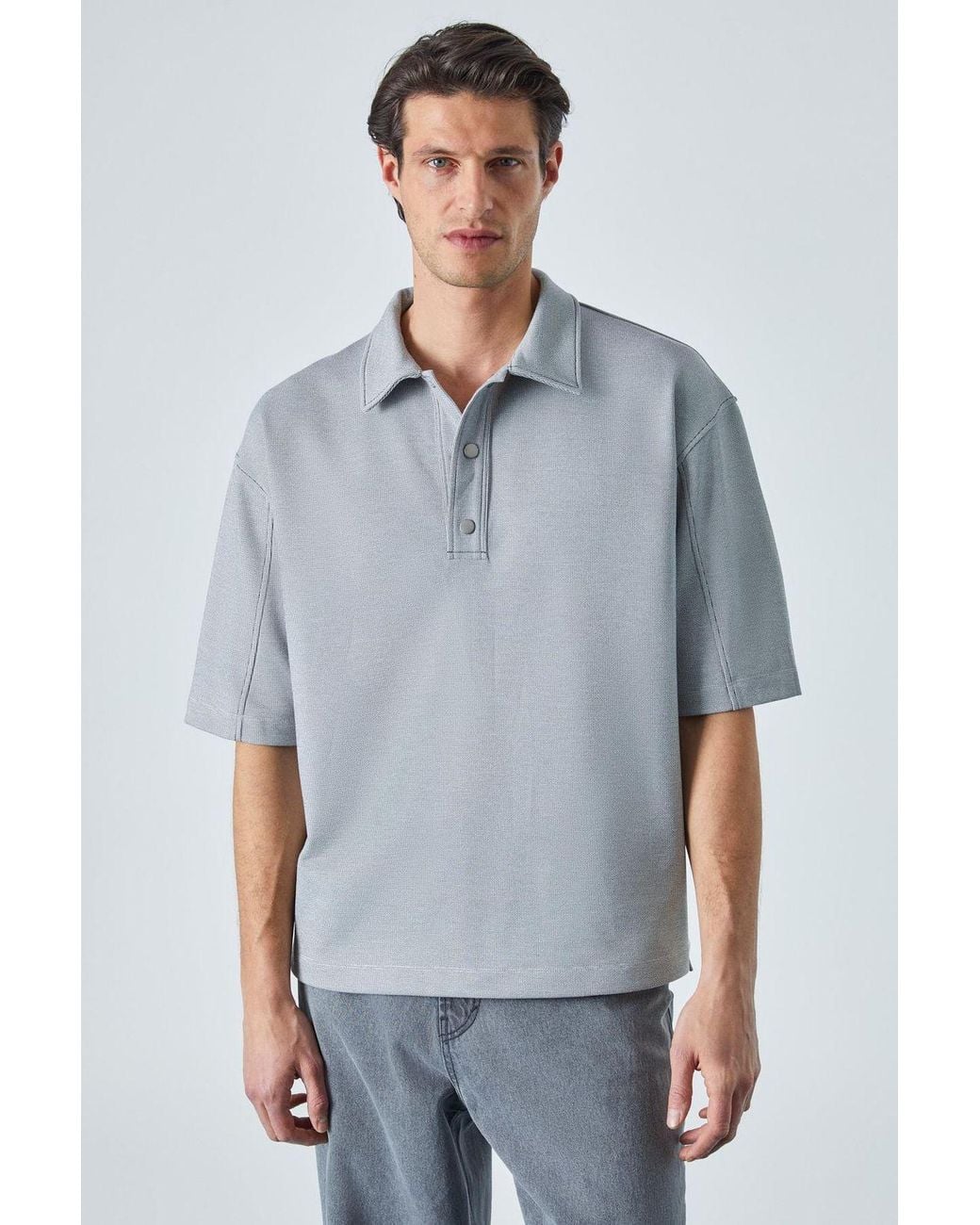 Grimelange Gray Oversized Polo Collar Button T-Shirt for men