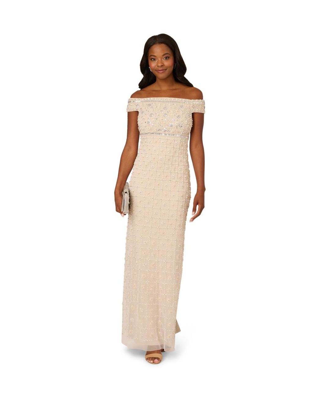 Adrianna Papell White Bead Pearl Column Dress
